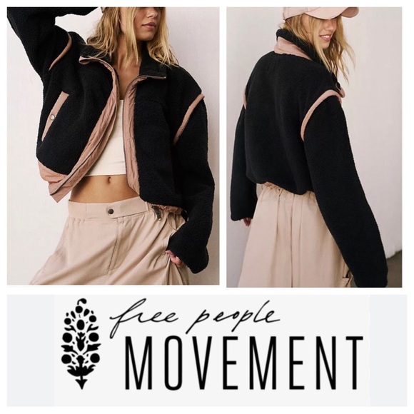 NWT Free People FP Movement Courtside Fleece Jacket in Black & Peach Bark Combo - Picture 1 of 14